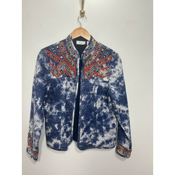 Chico's Blue Tie Dye Quilted Open Jacket Embroidered Chicos Size M Pompom Boho - Picture 3 of 6